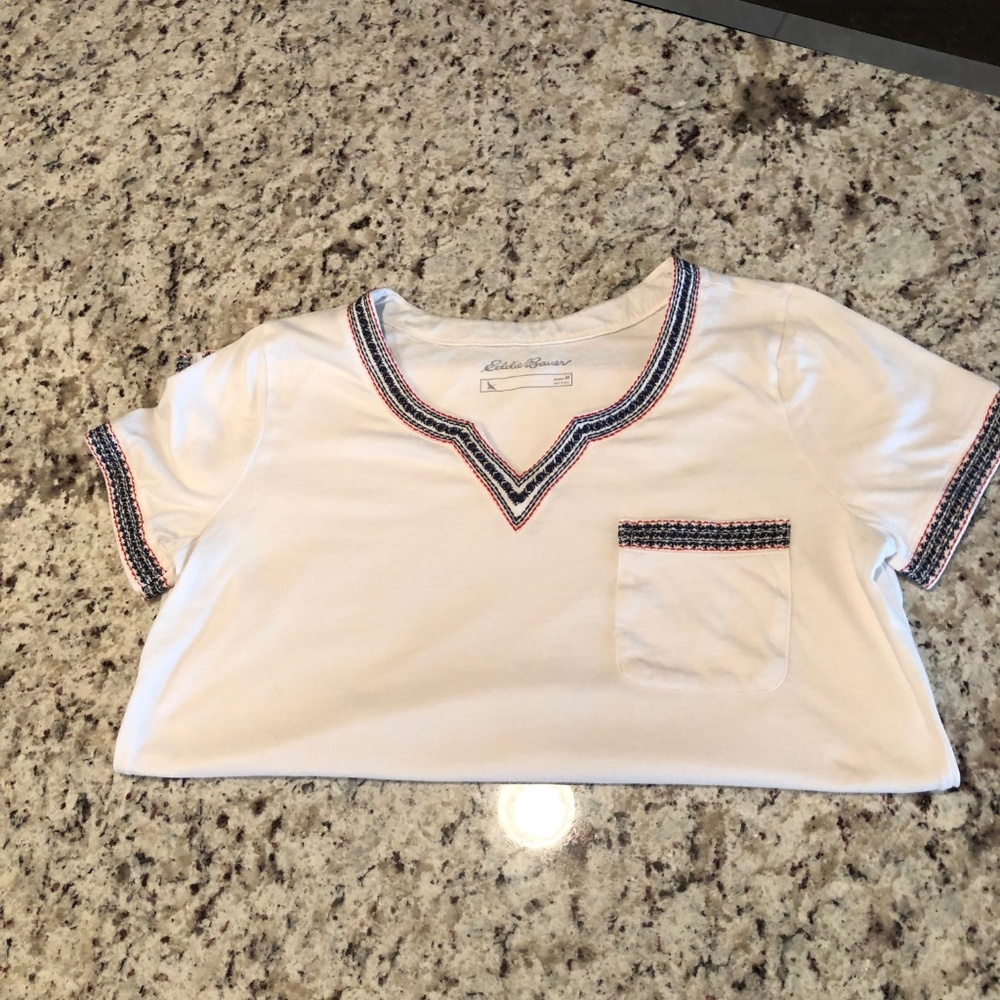 $ Eddie Bauer Soft Light Embroidered V Neck TShirt